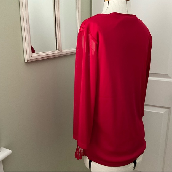 LAVENA FASHION, RED LACE BLOUSE WITH SCALLOP FRIDGE HEM, SIZE: L - Picture 3 of 12